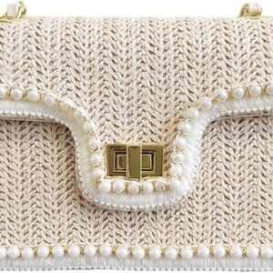 Straw Crossbody Bag Women Woven Pearl Trim Small Summer Trendy